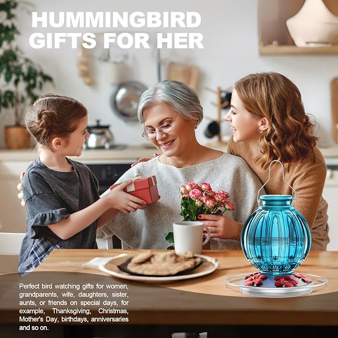 Glass Hummingbird Feeder for Outdoors Hanging, 26Oz Bird Nectar Feeder with Perch & 5 Flower Feeding Ports, Leak Proof for Outside Garden Decor Backyard, Gifts for Women Mom, Blue