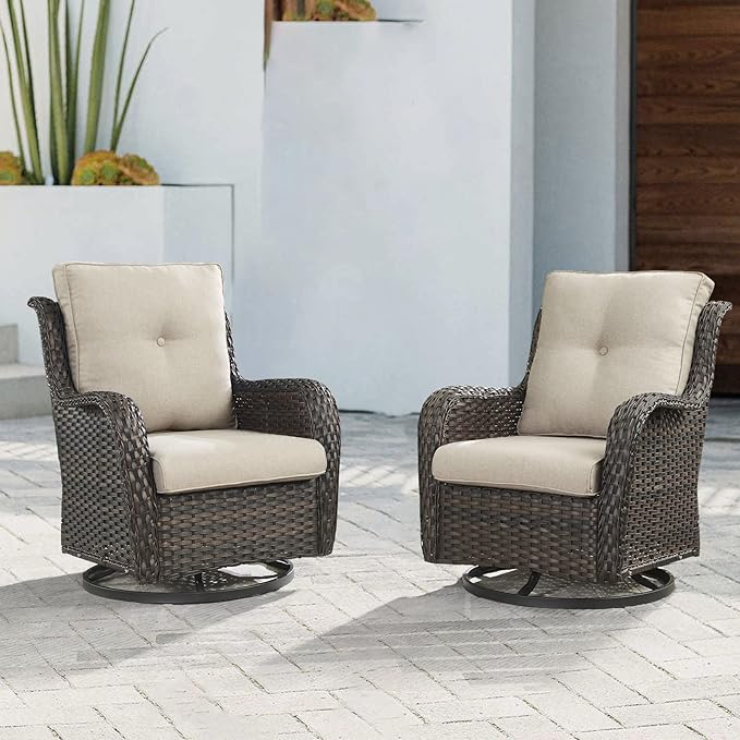 Outdoor Patio Swivel Rocker Chairs - Wicker Rattan Patio Swivel Rocking Chairs Set of 2 with High Back,Deep Seating and Comfort Cushions for Deck Porch Garden,Brown/Beige