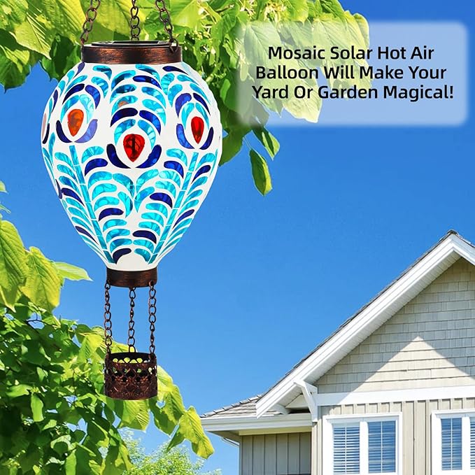 VOREEN Hot Air Balloon Solar Lantern, Mosaic Solar Outdoor Hanging Wind Light, Waterproof, Patio Festive Decor, Easter Gifts for Mom Father Grandma, Peacock Feather Design