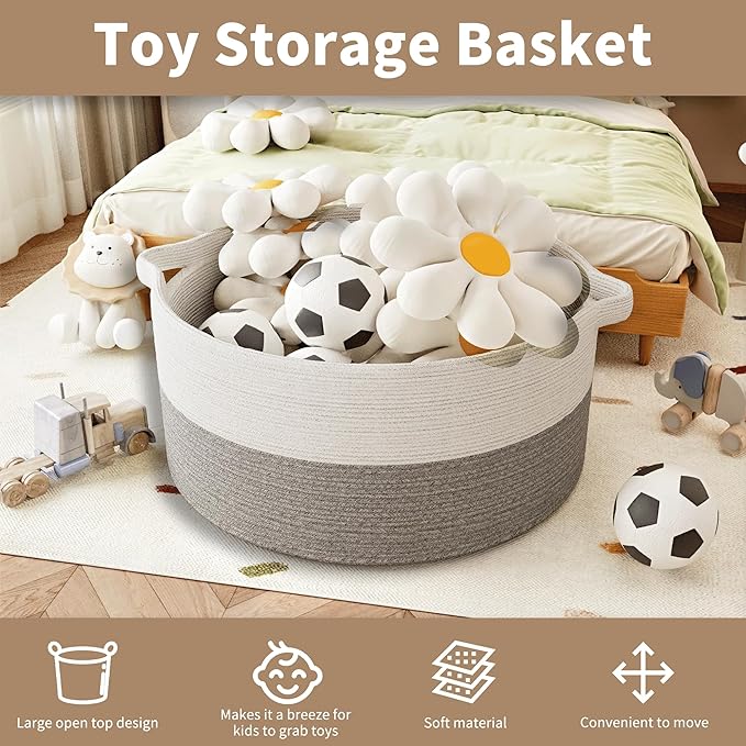 125L Extra Large Blanket Basket, 25" x 16", Jumbo Laundry Woven Basket Decorative Home, Cotton Rope Basket with Handles, Baby Toy Basket for Storage, White & Gray, 2PC