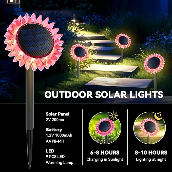 Outdoor Solar Lights, 2 Pack Led Solar Sunflower Lights, Stake/Wall 2-in-1 Waterproof Solar Garden Lights for Yard, Landscape, Fence, Patio, Driveway, Pathway, Backyard Decoration (Warm White)