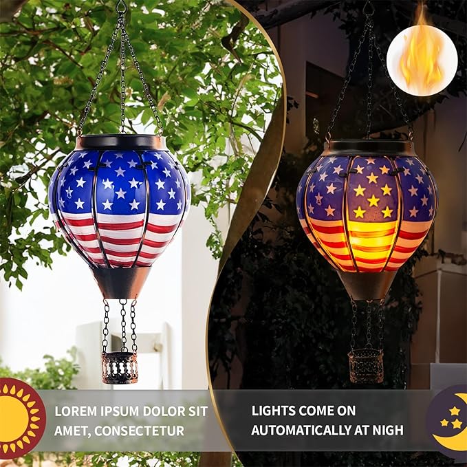 18inch Hot Air Balloon Solar Lantern with Flickering Flame Hanging Solar Outdoor Lantern Lights Waterproof Lanterns for Garden Patio Yard Party Decoration Star Flag