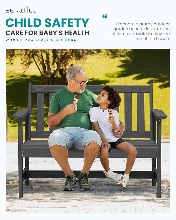 SERWALL Outdoor Bench, HDPE Outdoor Benches Weatherproof, 2-Person Garden Bench with 660 lbs Weight Capacity, Patio Benches for Outdoors, Garden, Porch, Backyard and Park, Grey