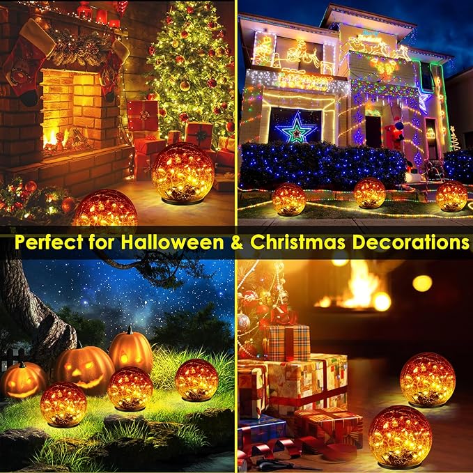 2 Pack 60 LED Garden Solar Outdoor Lights Decorative, Gradient red Cracked Glass Solar Globe Lights, Upgraded Waterproof Ball Lights for Yard Pathway Patio Lawn Christmas Outside Decor