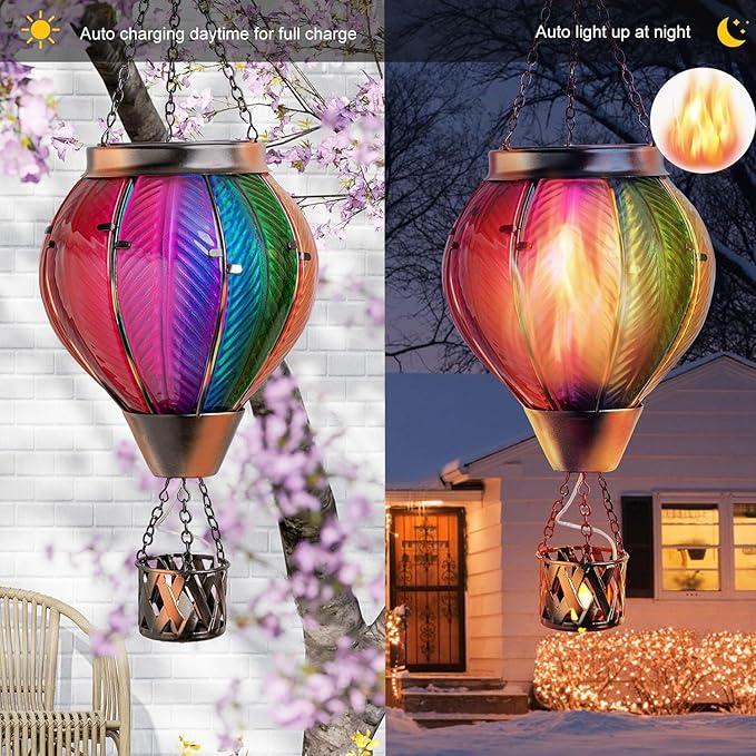 pearlstar Hot Air Balloon Solar Lantern with Flickering Flame Light Outdoor Solar Hanging Lights Waterproof for Garden Yard Farmhouse Patio Pathway Outside Decoration,Glass, Multicolor