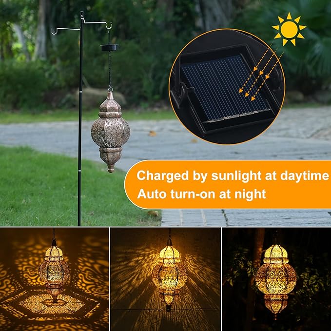 Hanging Solar Lights, Outdoor Decor Solar Lantern, Waterproof Metal Moroccan Lantern for Outside Patio Pathway Yard Front Porch Backyard Garden Decorative