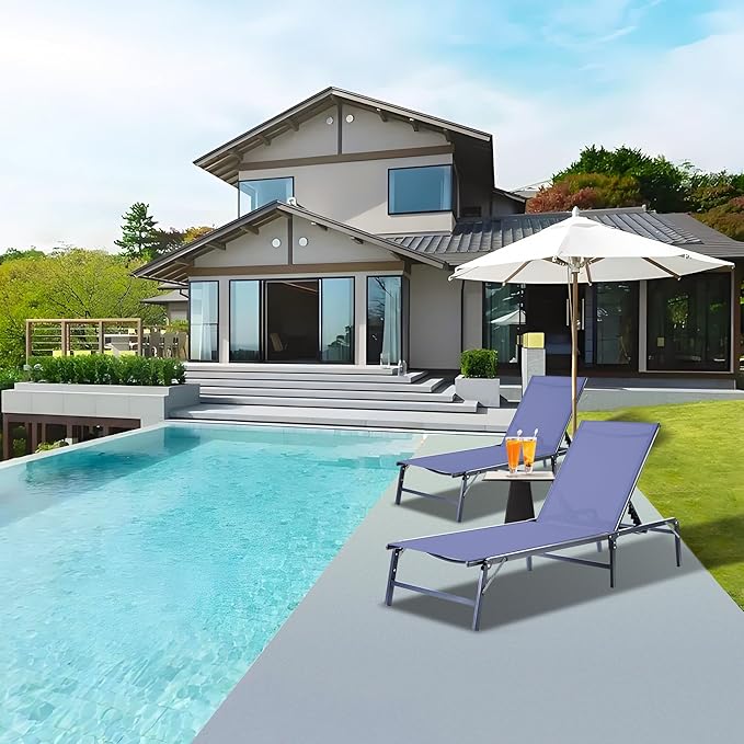 Outdoor Chaise Lounge Chair, Foldable & Assemble-Free, 6 Adjustable Positions, Durable Rust-Resistant Frame, Portable Outdoor Pool Lounge Chairs for Pool Patio Beach, Blue