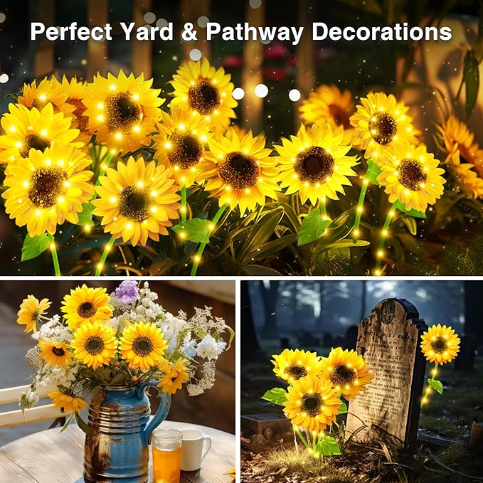 Solar Sunflower Garden Lights: 6 Pack of 18 LED Artificial Solar Flowers, IP65 Waterproof for Pathway, Walkway, Porch, Landscape, Yard Decorations