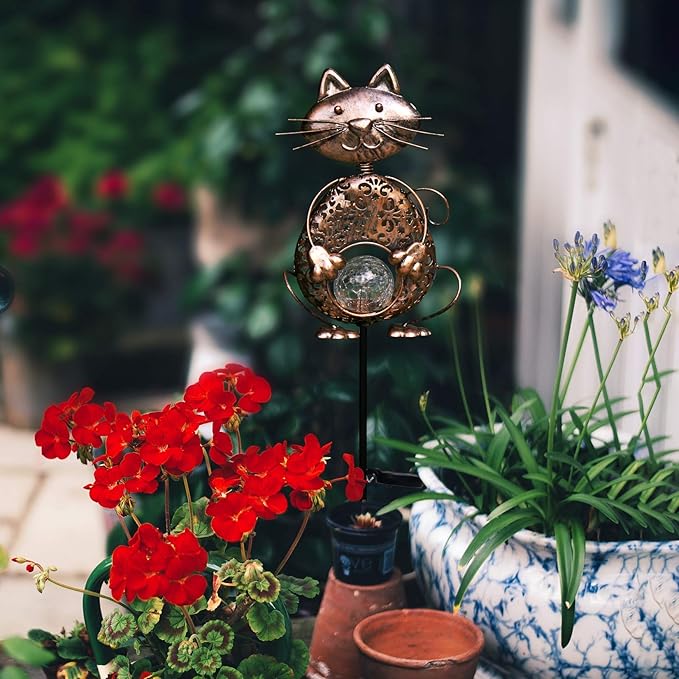 KAIXOXIN Garden Solar Lights Metal Cat Crackle Glass Globe Stake Light Waterproof Warm White LED Solar Path Lights (Cat-Bronze)