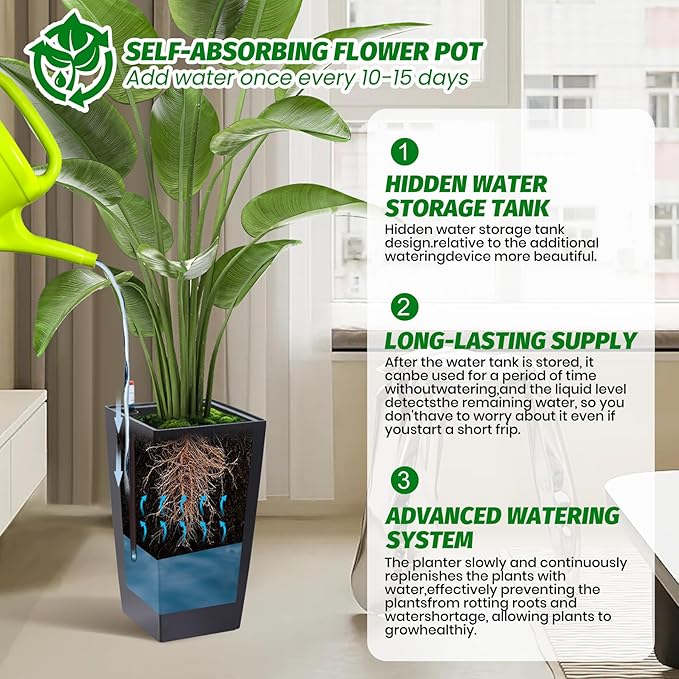 16" Tall Planters Set of 2, Outdoor＆Indoor Black Planter Pots, High Front Porch Planter Pots with Drainage Holes＆Water Level Monitor＆Inner Bucket, Automatic Watering,Black