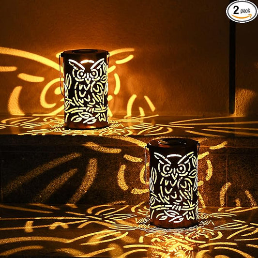 Outdoor Solar Lanterns ,Owls Projection Patterned Outdoor Lanterns with Handles LED Solar Light Outdoor Waterproof Garden Lights for Garden，Yard, Table, Pathway(2 /Bronze)