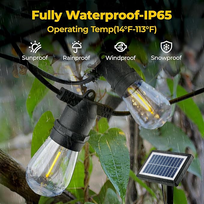 Solar String Lights Outdoor: 48FT 20*S14 3W Ultra-Long Battery Life Edison Bulbs Solar Powered Outside IP65 Waterproof Hanging Warm White Led Lights for Patio Garden Pool Yard Porch Gazebo