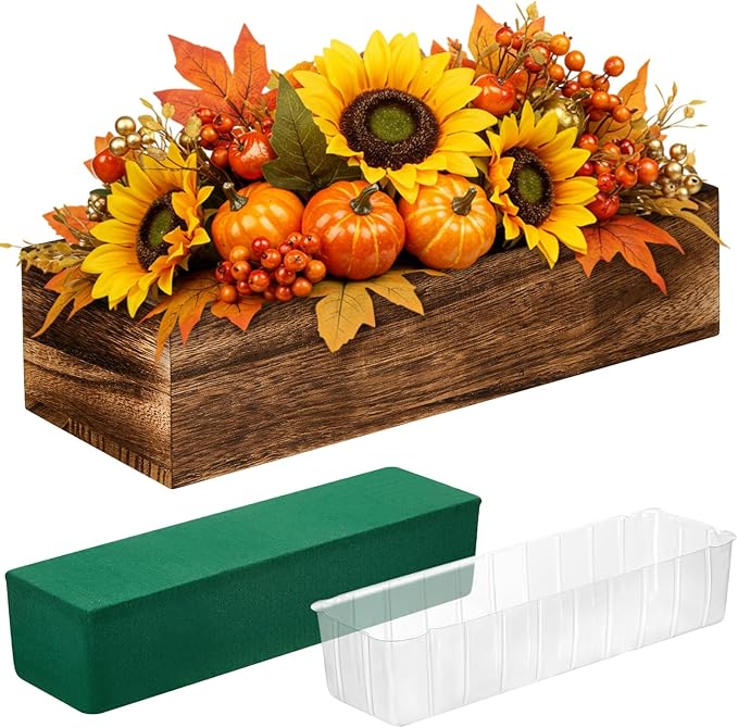 Dandat 1 Set Wood Boxes for Centerpieces Rectangle Wooden Planter Box Rustic Wood Planter with Removable Plastic Liner Floral Foam Blocks for Centerpieces Home Wedding Garden Decor (12x4 Inch)