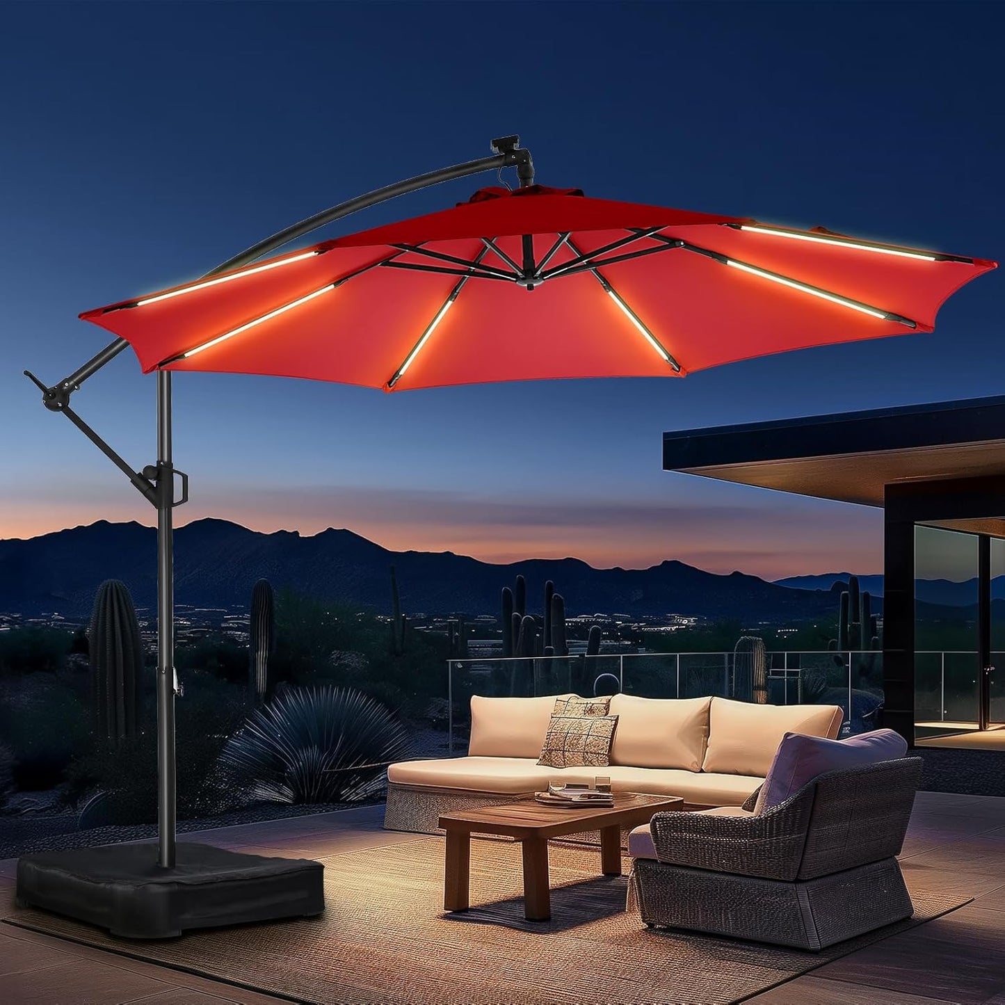 HOMSHADE 10ft Solar Lights Offset Cantilever Patio Umbrella with Light and Base, LED Lighted Offset Hanging Patio Outdoor Market Umbrella UPF50+ UV Protection with Easy Tilt and Crank, Red