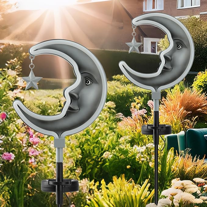 Solar Outdoor Garden Lights - Outdoor Decor Butterfly Neon Lamp Patio Path Decor(2 Pack) (Silver Moon)