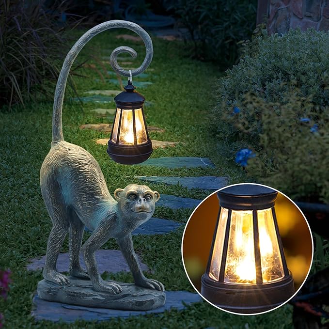 Resin Monkey Statue with Solar Light - Whimsical Garden Decor, Good Luck Gifts for Women,Outdoor Statues Yard Decor for Patio,Porch,Home - Unique Housewarming Gifts
