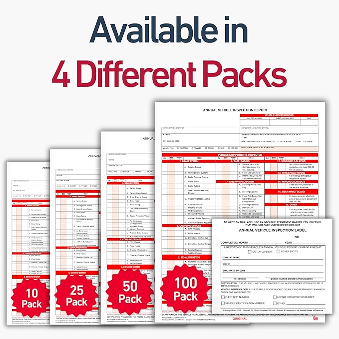 10 Pack 3-Ply Carbonless Annual Vehicle Inspection Report Forms with FMCSA 2-Ply Mylar Laminate Adhesive Vinyl Labels, DOT Inspection Forms and Stickers, Shrink-Wrapped, 8.5" x 11.75" - Made in USA