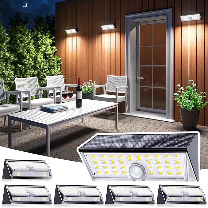 JSOT Solar Motion Lights Outdoor, 4 Modes Motion Sensor Lights Outdoor Waterproof IP65, 38LED Bright Wall Security Lighting for Outside Garage Garden Fence - Cool White 6Pack