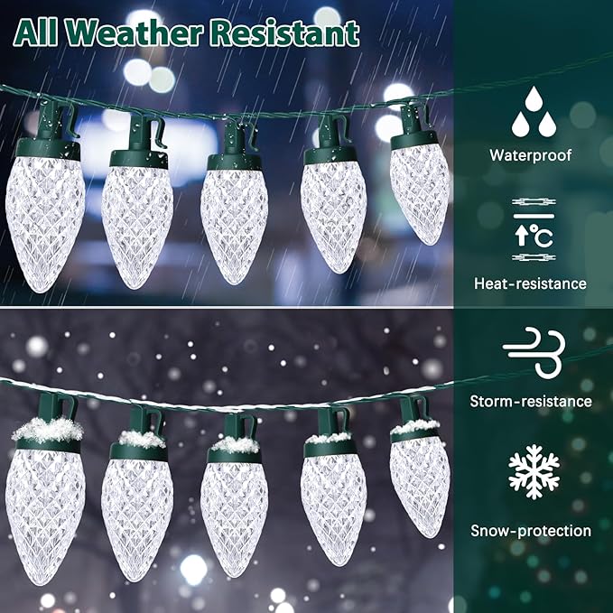 C9 LED Christmas Lights, 34FT 50 Bulbs Outdoor Christmas Decorations for House Waterproof String Lights Extendable Green Wire Fairy Lights for Patio Xmas Garden Party Wedding Holiday Indoor Pure White