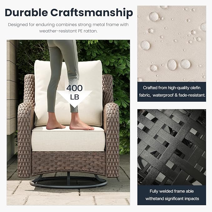 9 Pieces Outdoor Patio Furniture Sets with Rocking Swivel Chairs with 6-inch Thick Cushion and Side Table for Deck Lawn