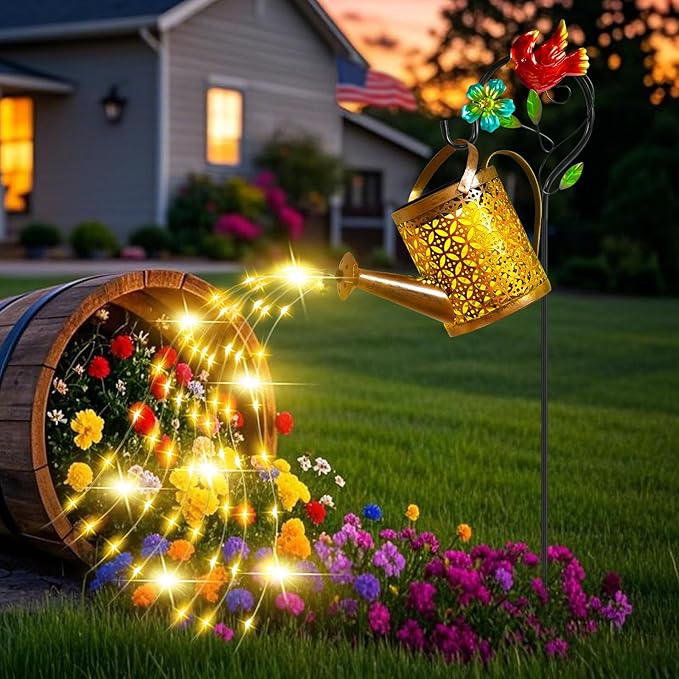 Solar Metal Watering Can with Cardinal Shepherd Hook and Cascading Lights - Outdoor Solar Lantern for Garden, Yard, Patio - Christmas Decor and Gardening Gifts for Women