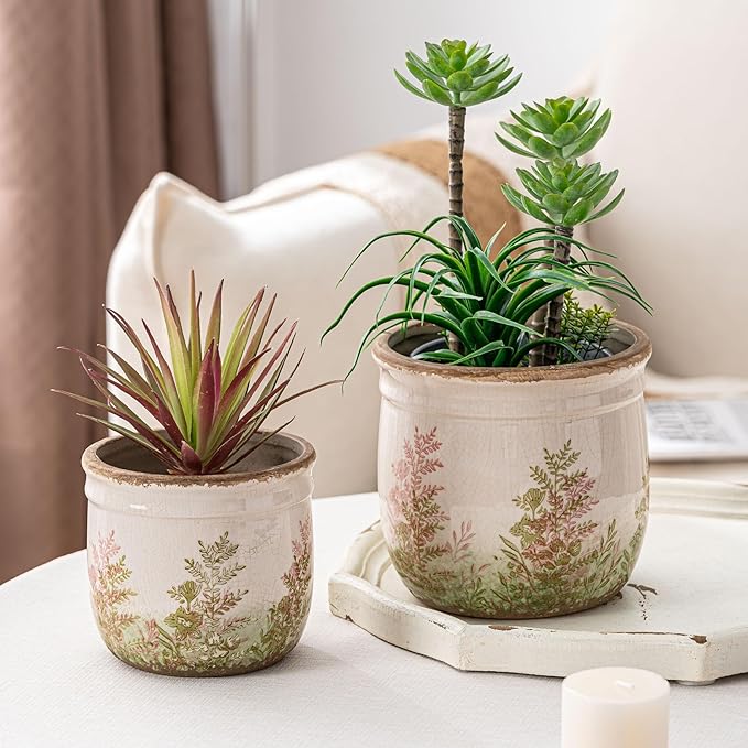 Vintage Pink and Green Ceramic Planter Set of 2, 4.7+5.7 Inch Rustic Flower Pots for Indoor Plants, Decorative Ceramic Plant Pots for Home, Living Room, Garden, Gardening Gift