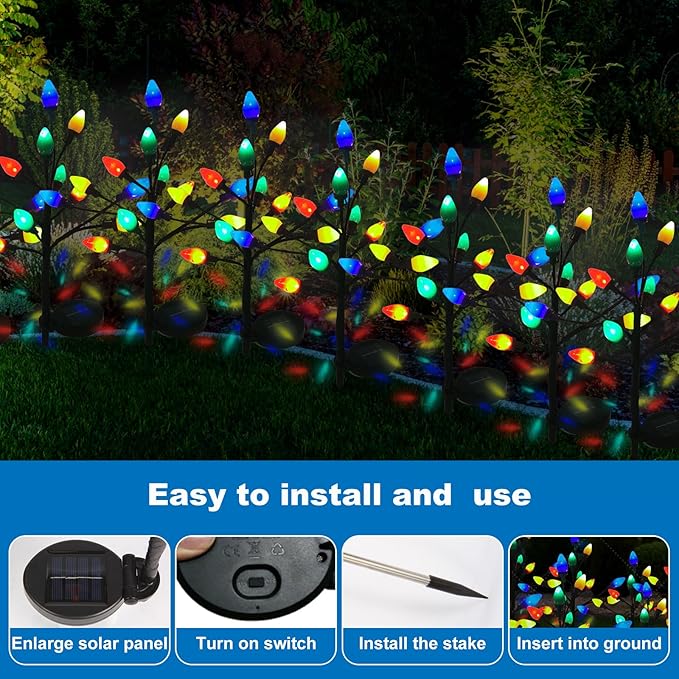 C7 Solar Christmas Lights Outdoor, 4Pack Christmas Pathway Lights with 48 LED Strawberry Multicolor Lights, 8 Modes Outdoor Waterproof Christmas Decorations Lights for Garden,Yard,Pathway (4 Pack)