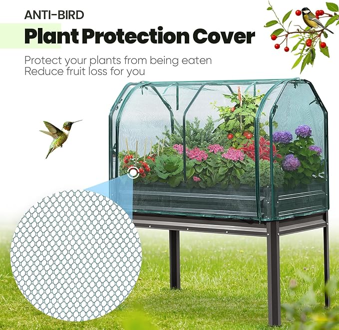 KING BIRD Large Raised Garden Bed with Cover & Netting Galvanized Elevated Planter Box with Legs 48×24×56 in for Backyard, Patio, Balcony, 400lb Capacity, Dark Grey