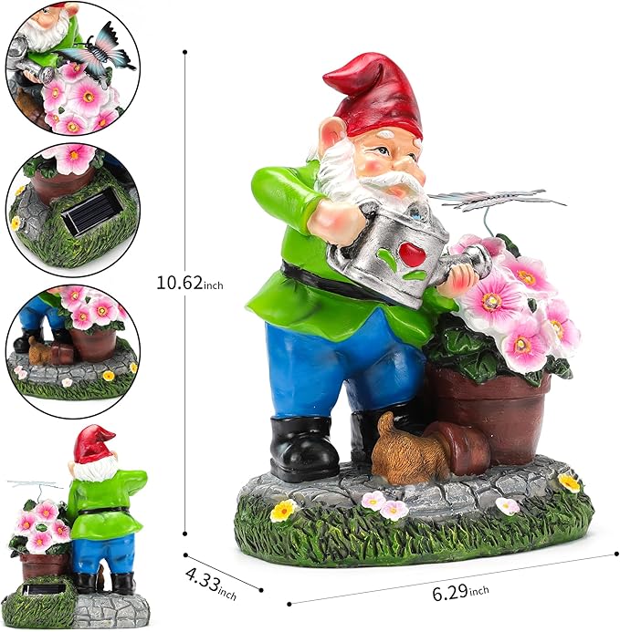 Gnome Figurine Garden Decor, Solar Resin Gnomes Outdoor Statue, Funny Gnome Gift Sculpture Decoration for Home Patio Yard Lawn Porch Ornament