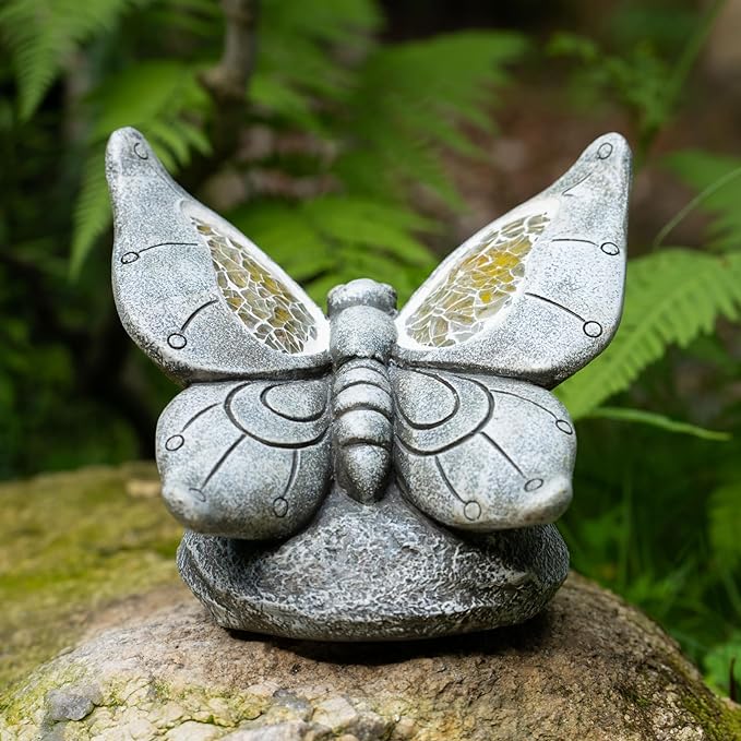 Garden Statue Butterfly,Solar Butterfly Decor for Outdoor,Resin Butterflies Figurine with Solar Light for Patio,Balcony,Yard,Lawn Ornament,Perfect Garden Gift