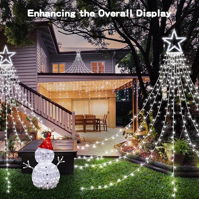 BlcTec Outdoor 317 LED Waterfall Tree Lights, 9 Strands with Timer - 8 Modes, Waterproof Christmas Lights for Garden, Patio, Yard Decor - Cool White