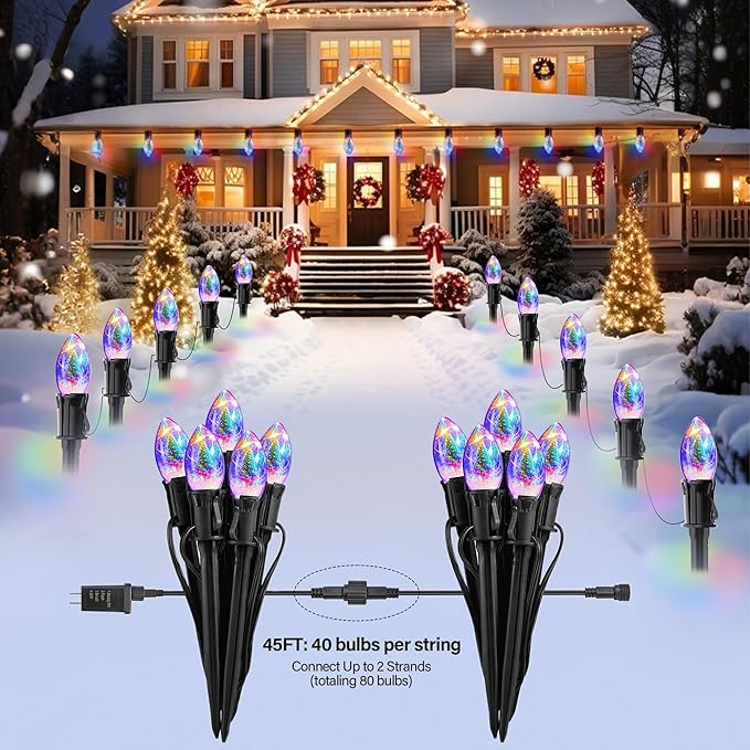 Upgraded 45FT C9 Christmas Pathway Lights Outdoor, 40 C9 LED Bulbs with Stakes, Extendable Waterproof Christmas Lights for Walkway Driveway House Garden Decorations - Multicolor