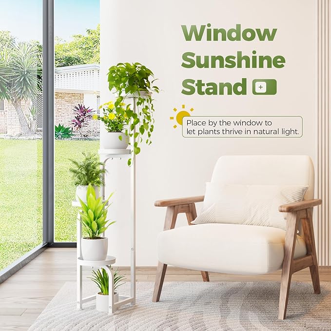 Bamworld Corner Plant Stand Indoor Outdoor, Tall Metal Flower Pot Stands for Multiple Plants, 4 Tier White Heavy Duty Plant Shelf for Patio Garden Balcony Living Room Bedroom(Patent Design)