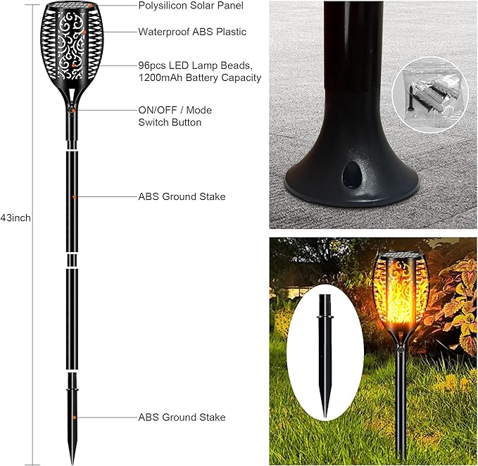 Upgraded Larger Solar Lights Outdoor Waterproof 96 LED, 43" Outdoor Lights, Solar Torch Light with Flickering Flame, Led Lights for Garden Decor, Patio, Yard, Pathway, 4Pack