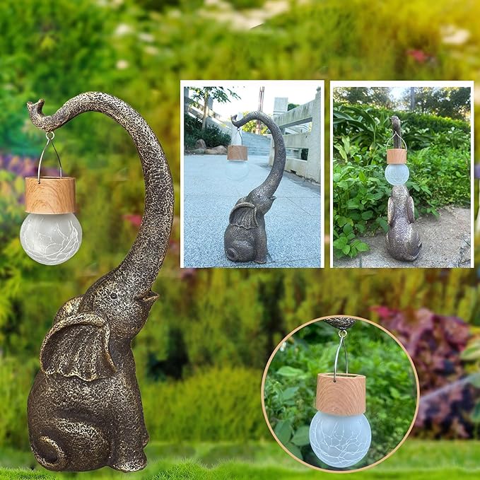 Elephant Statue Solar Garden Decor with Glass Ball Lights,Outdoor Elephant Decor for Birthday Gifts Women, Garden, Patio, Yard, Lawn
