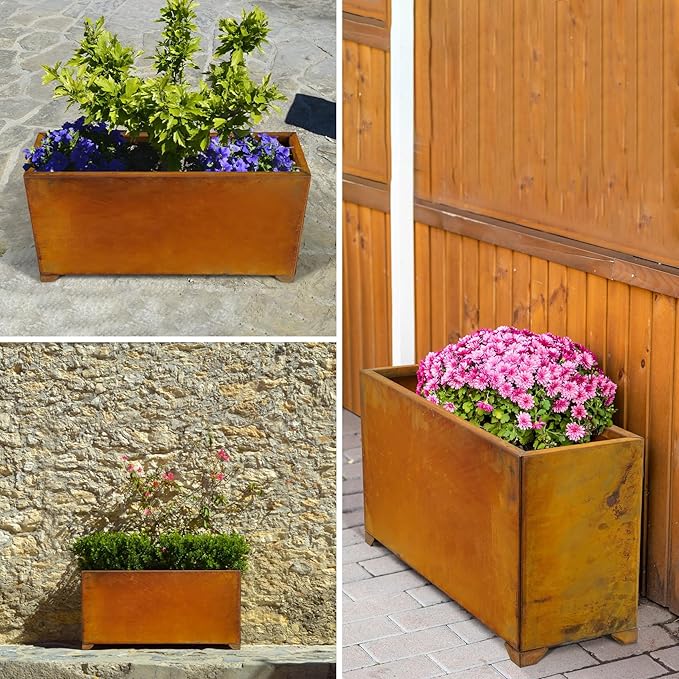 Stanbroil Corten Steel Planter Box for Outdoor Patio - 32 X10 X16 Inch Large Rectangular Metal Planter Box with Natural Rusty and Drainage Holes for Raising Flower, Plants