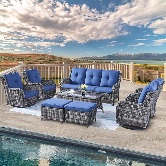 Wicker Patio Furniture Sets - 8 Piece Rattan Outdoor Furniture Conversation Sets with 4 Swivel Rocker Chairs, Rattan Sofa, Wicker Ottomans and Coffee Table, Mixed Grey/Blue