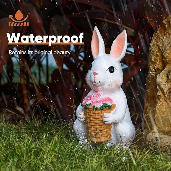 Brightever Solar Powered Garden Statues- Bunny Figurines for Spring & Easter Decor, Outdoor Rabbit Statue with Colorful LED Lights for Patio, Balcony, Lawn, Birthday Gifts for Women, Mom, Grandma