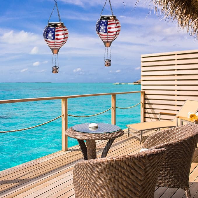 pearlstar Hot Air Balloon Solar Lantern with Flickering Flame Light Outdoor 4th of July Decorations Solar Hanging Lights Waterproof for Garden Yard Patio Outside Independence Day Decoration, Flag