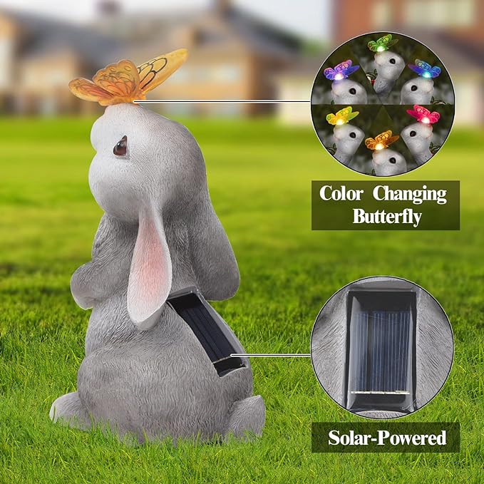 Garden Statue Outdoor Decor-Rabbit with Solar Butterfly Changing Lights Garden Statues,Bunny Statue for Patio,Balcony,Yard,Lawn Ornament,Gardening Gifts for Mom Grandma