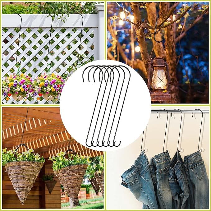 8 Pack 24 Inch Large Tree Branch Hooks Long S Hooks for Hanging Plants, Bird Feeder Hook for Tree, Metal Garden Hooks for Hanging Baskets, Plants, Lanterns Outdoor and Indoor Uses (Black)