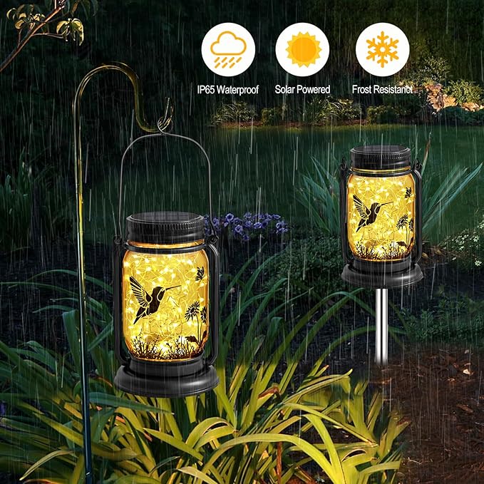 2 Pack Hummingbird Solar Outdoor Lanterns, Birthday Mothers Day Gifts for Women Mom Grandma, Vintage Glass Mason Jar Solar Fairy Lights, Waterproof Garden Lights for Patio Yard Lawn Tree Party Decor