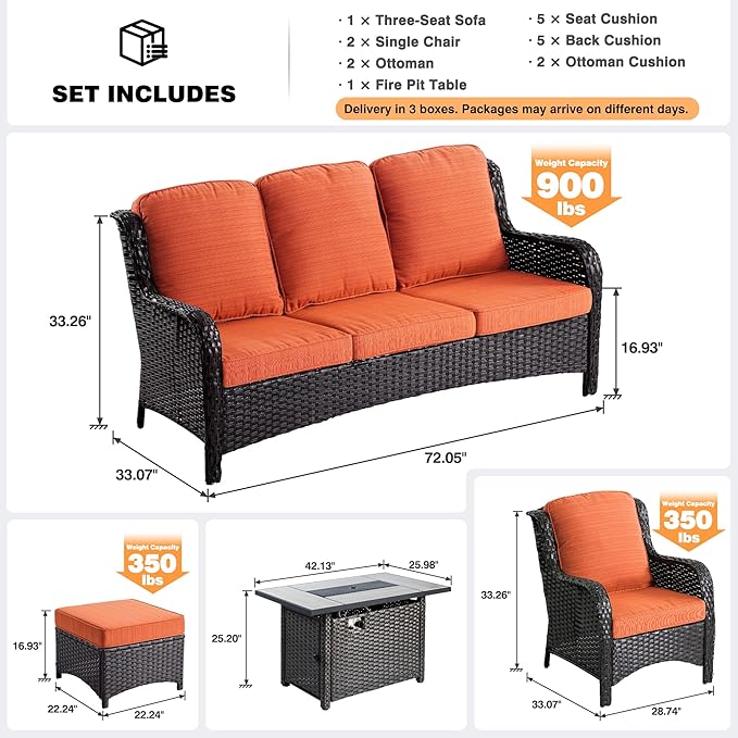 ovios 6 Pieces Patio Furniture Set with 42" Fire Pit Table, Outdoor Wicker Sofa with Ottomans, Comfy Cushions, High Back Couch Conversation Set, Brown Rattan, Orange Red