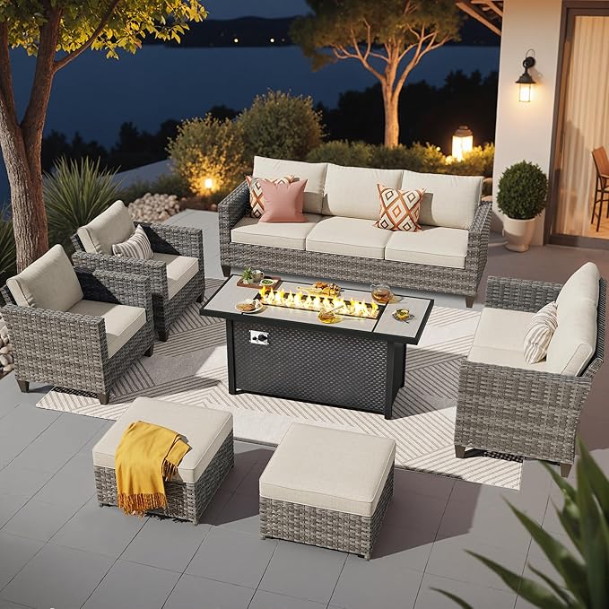 ovios 7 Pieces Patio Furniture Set with 54" Fire Pit Table, Outdoor Wicker Sofa with Comfy Cushions, All Weather High Back Rattan Couch Conversation Set, Beige