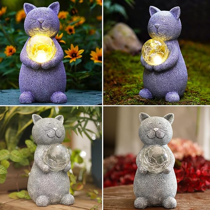 Solar Cat Statue - Garden Decor with LED Lights, Perfect for Mom or Grandma (Gray Cat)