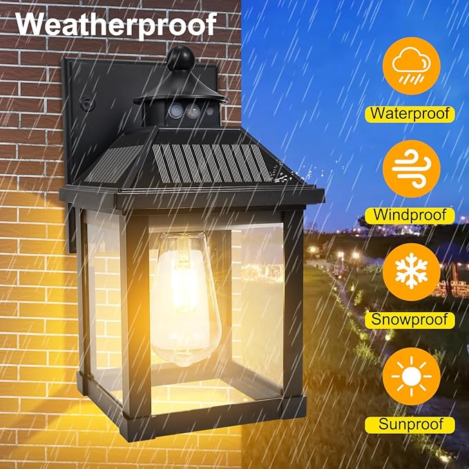 Solar Wall Lights Outdoor, Dusk to Dawn Motion Sensor Lights Waterproof, Solar Porch Lights with 3 Modes & Motion Sensor, Lantern Light Fixture for Patio Garage Entryway Garden