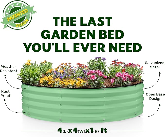 Round Galvanized Raised Garden Bed // 4×4×1 ft Galvanized Raised Garden Beds Outdoor for Gardening, Vegetables, Flowers // Patented Tool-Free Design Round Planter (Light Green)