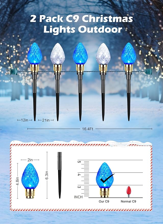 Brightown 2 Pack Strawberry C9 Pathway Lights Outdoor - Total 34.8 Feet 20 LED C9 Walkway Lights, Christmas Outside Decorations for Lawn Holiday, Blue & Pure White