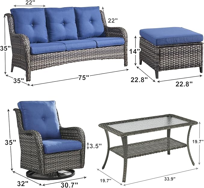 Outdoor Wicker Patio Furniture Set - 6 Piece Rattan Patio Conversation Set with 2 Rocking Swivel Chairs,2 Ottomans,1 Sofa and 1 Coffee Table for Porch Deck Backyard Garden(Mixed Grey/Blue)