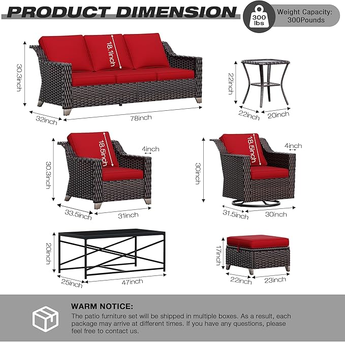 Joyside Wicker Patio Furniture Sets, 7 Pieces Upgraded Large Size Outdoor Furniture with Swivel Rocking Patio Chairs, 3-Seat Sofa, Outdoor Ottoman and Coffee Table, Thick Cushions, Wide Armrest